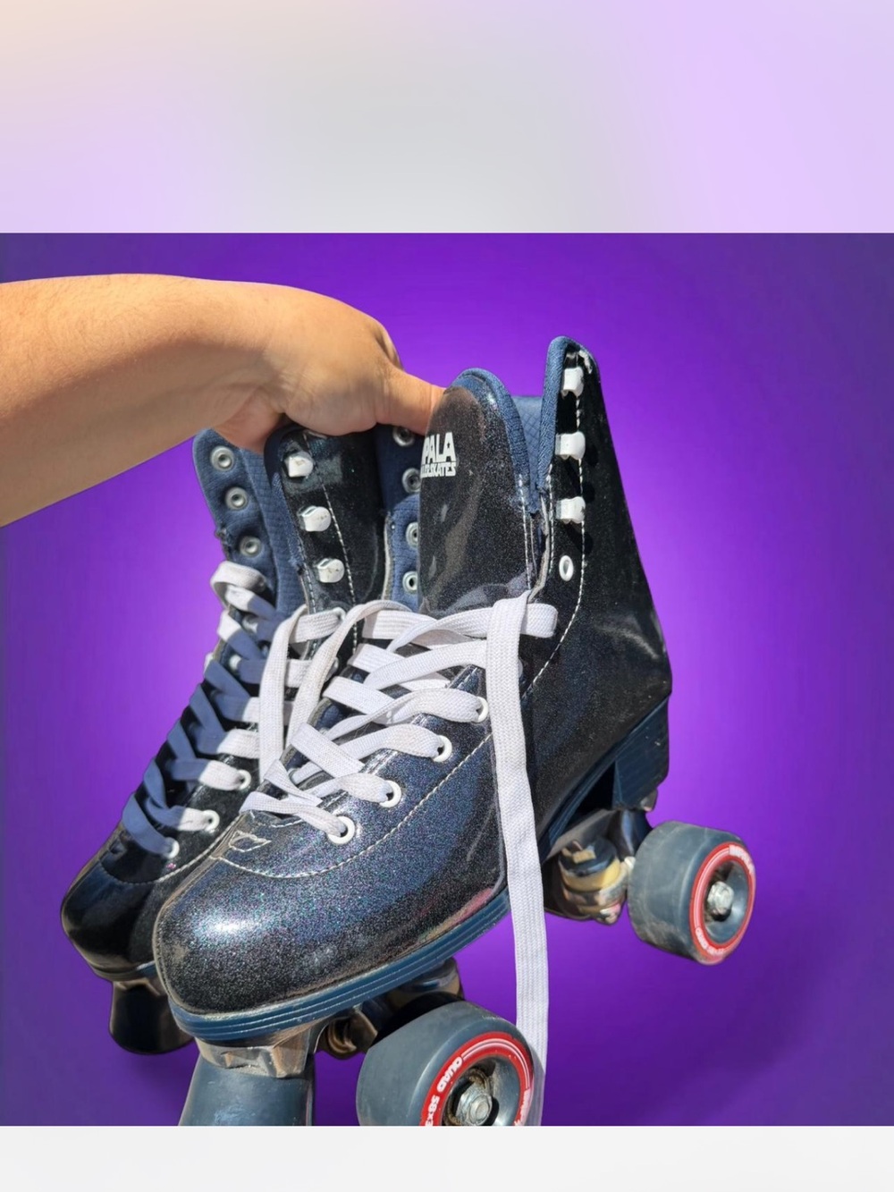 Glitter Black Women's Quad Roller Skates with White Laces